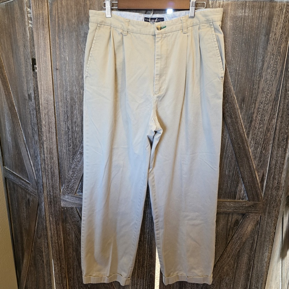 Tommy Hilfiger Pants Men's Size 36 x 32 Beige Pleated Straight Cuffed Vintage